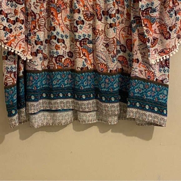 Umgee Womens Multicolor Babydoll Mixed Pattern Tassel Short Sleeve Top - Picture 4 of 11